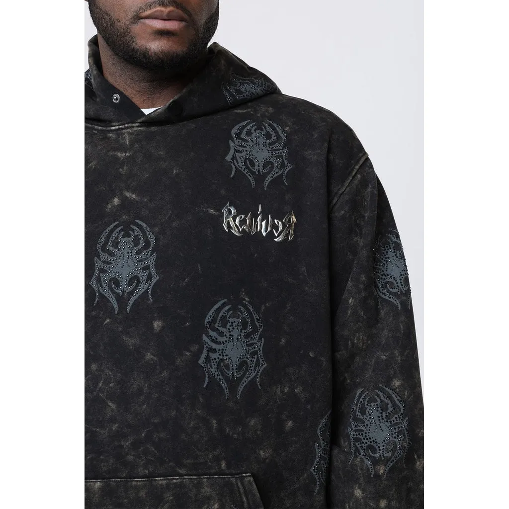 Big and Tall - Rhinestone Printed Collar Hoodie - Black