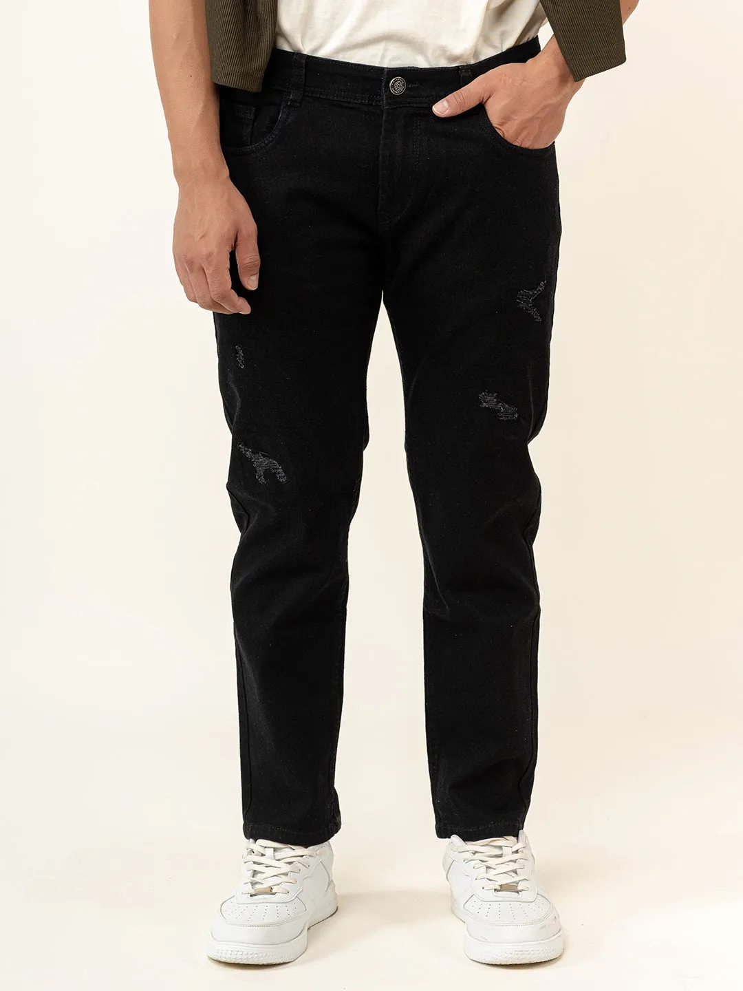 Black Distressed Loose Ankle Stretchable -Mens Jeans