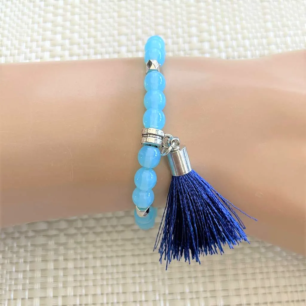 Blue Czech Beaded Bracelet with Blue Tassel