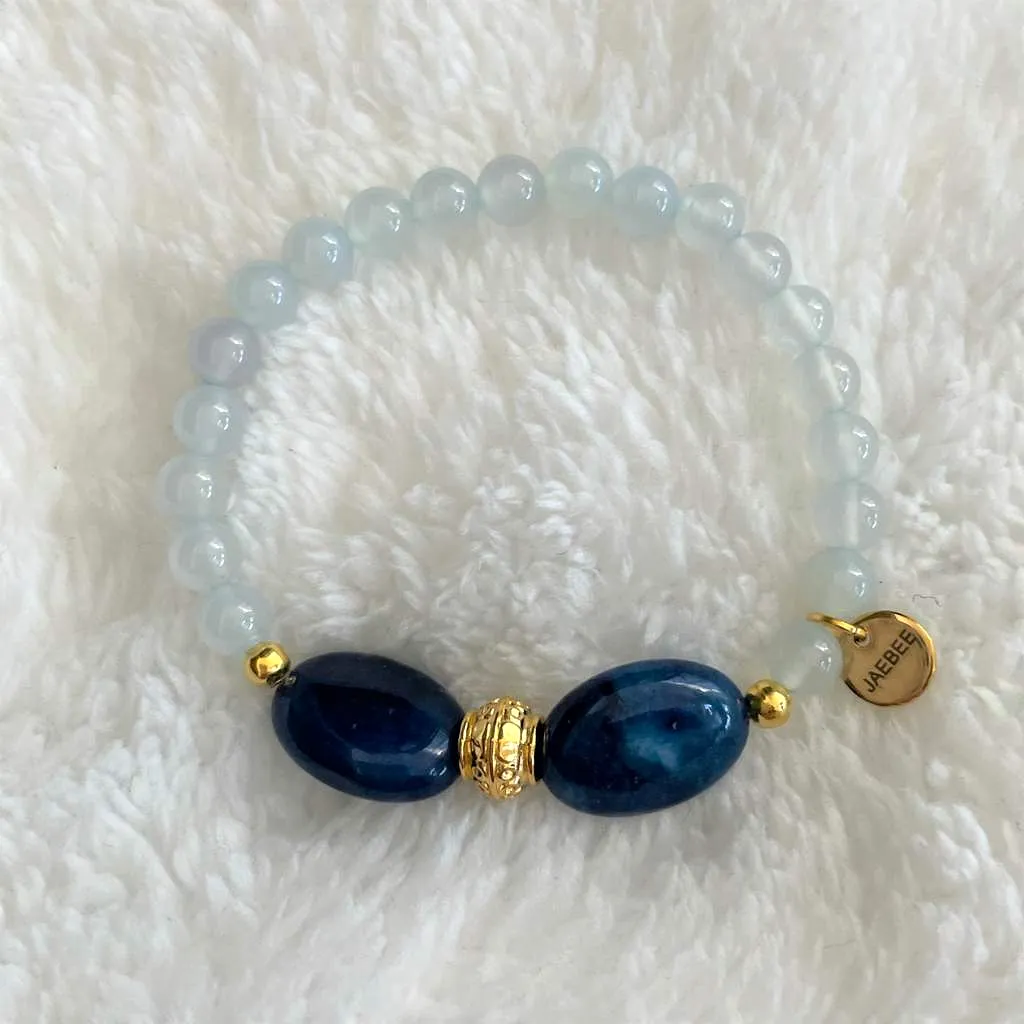 Blue Quartz and Blue Agate Beaded Bracelet with Gold Beads