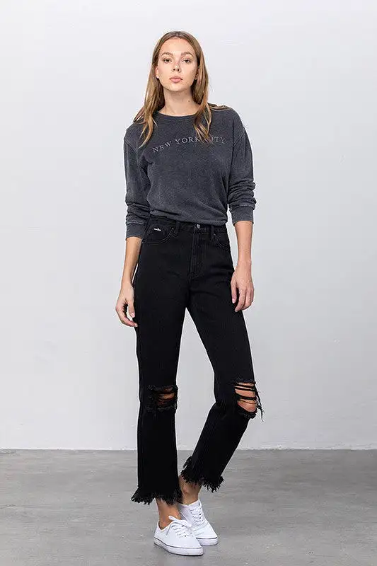 Brooklyn High Waist Frayed Hem Straight Jeans