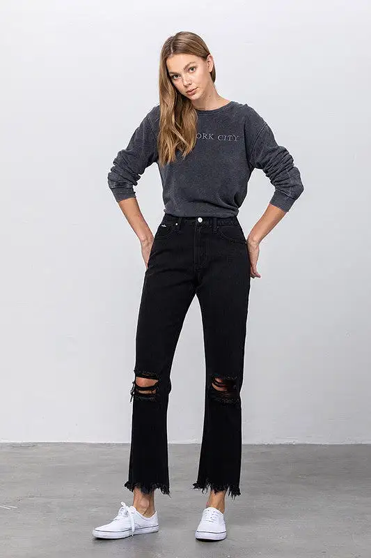 Brooklyn High Waist Frayed Hem Straight Jeans