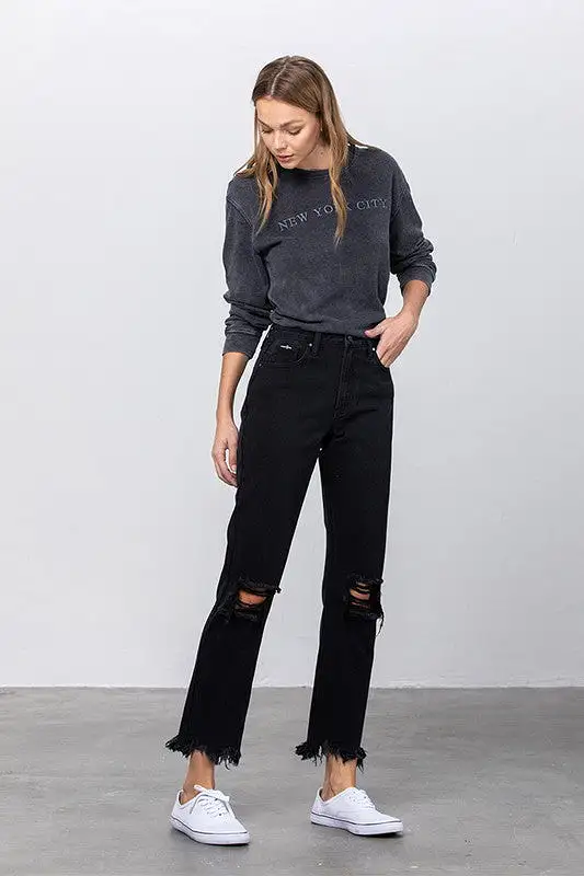 Brooklyn High Waist Frayed Hem Straight Jeans