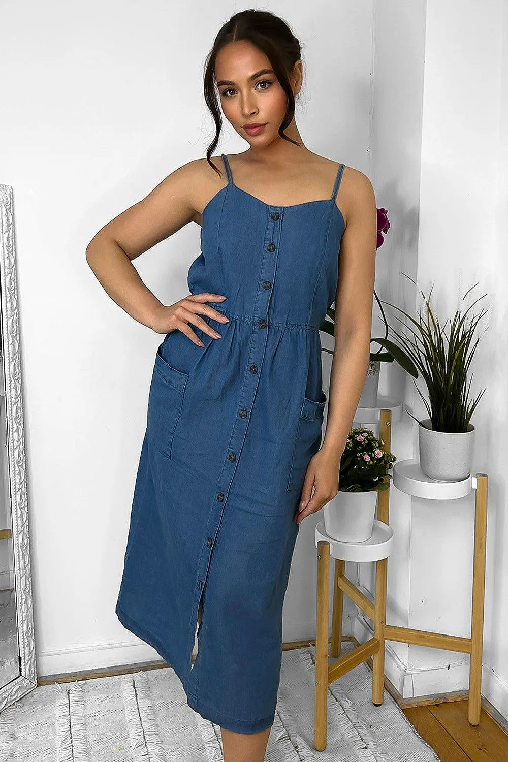 Buttoned Down Strappy Denim Midi Dress