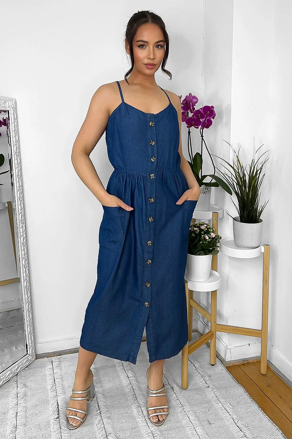 Buttoned Down Strappy Denim Midi Dress