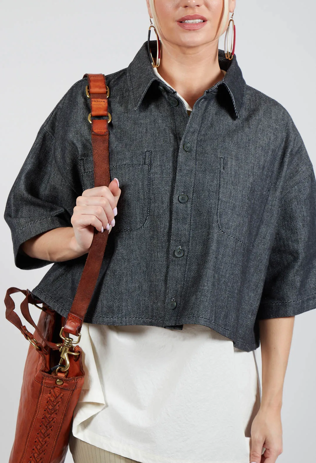 Cropped Denim Shirt in Dark Blue