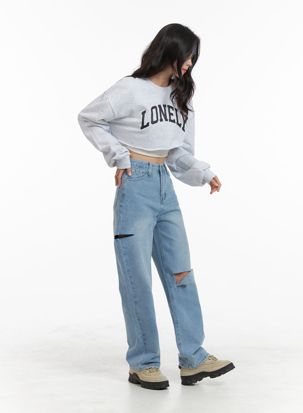 Cut Out Washed Straight Jeans OM421