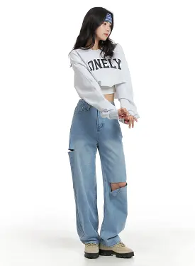 Cut Out Washed Straight Jeans OM421