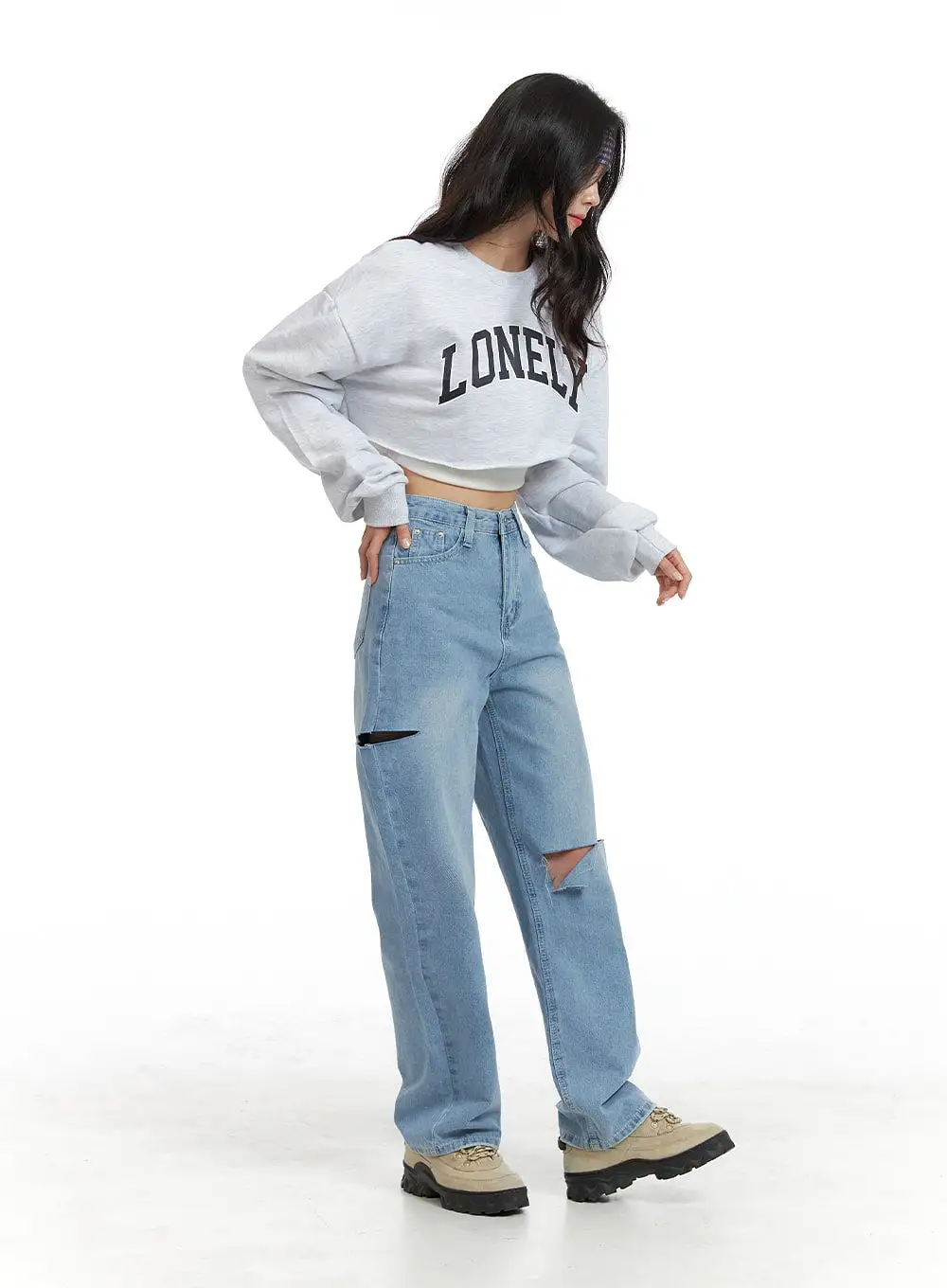 Cut Out Washed Straight Jeans OM421