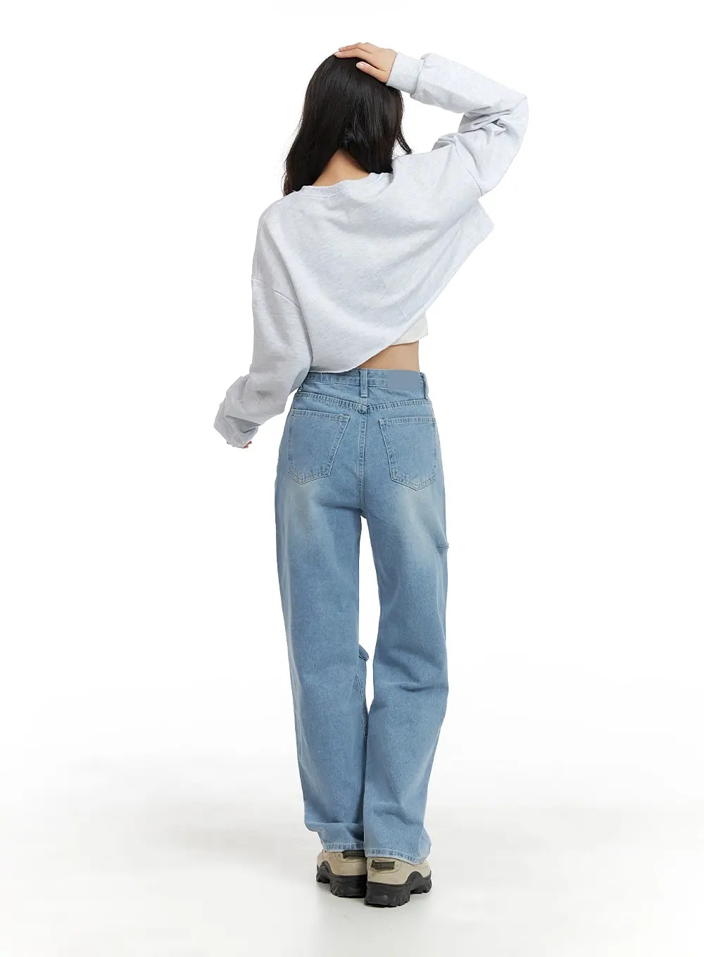 Cut Out Washed Straight Jeans OM421