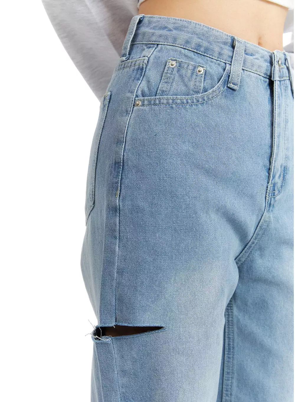 Cut Out Washed Straight Jeans OM421