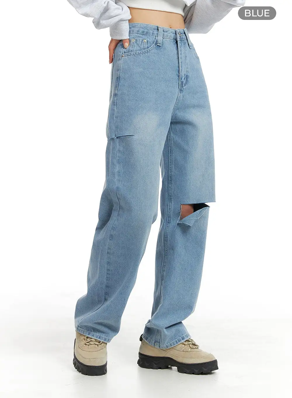 Cut Out Washed Straight Jeans OM421