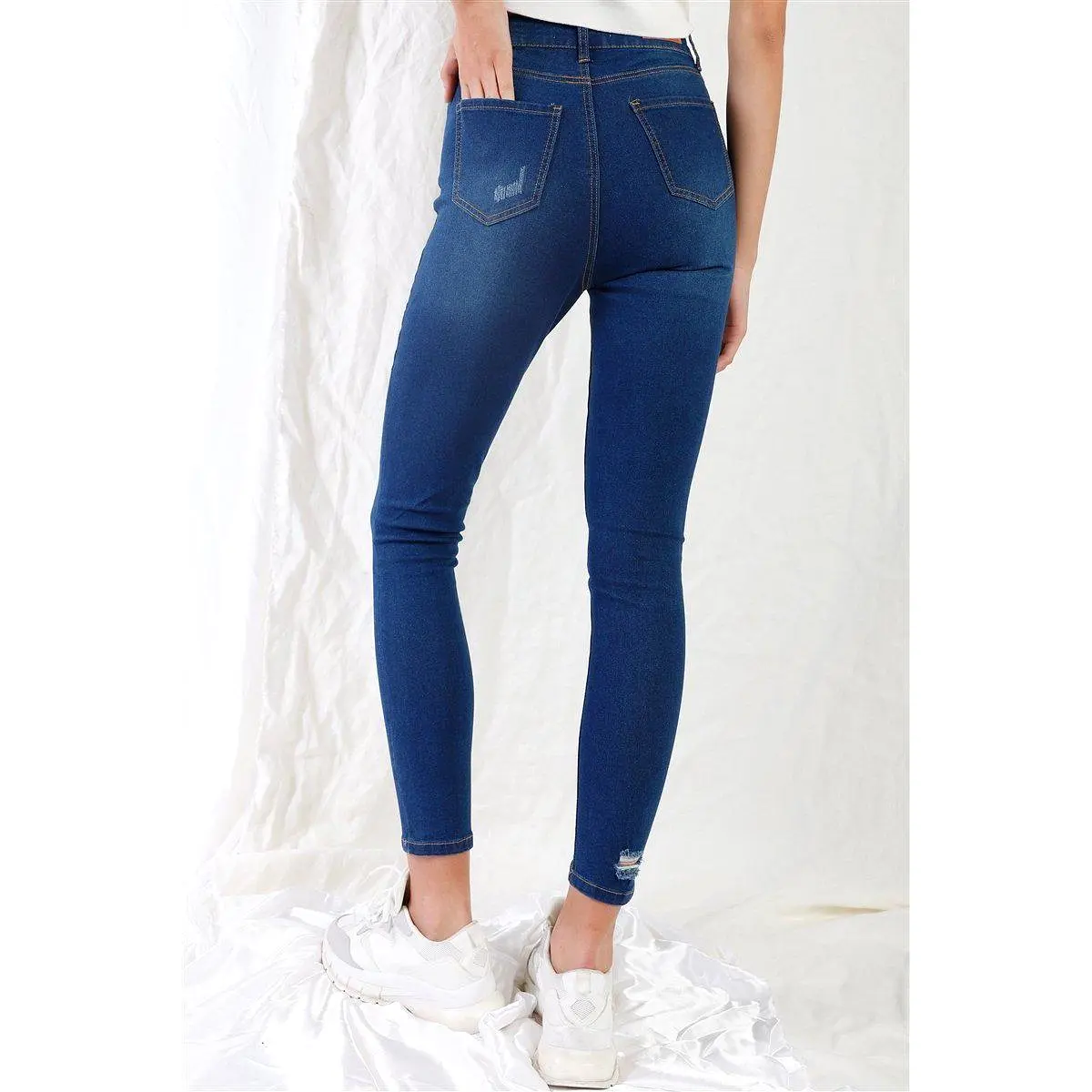 Dark Blue High-waisted With Rips Skinny Denim Jeans