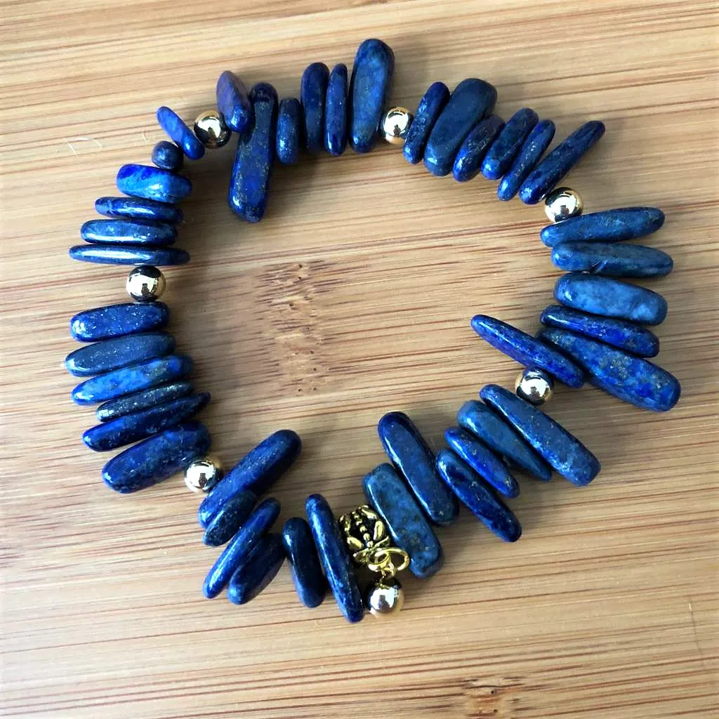 Dark Blue Stone and Gold Speckled Stick Bracelet