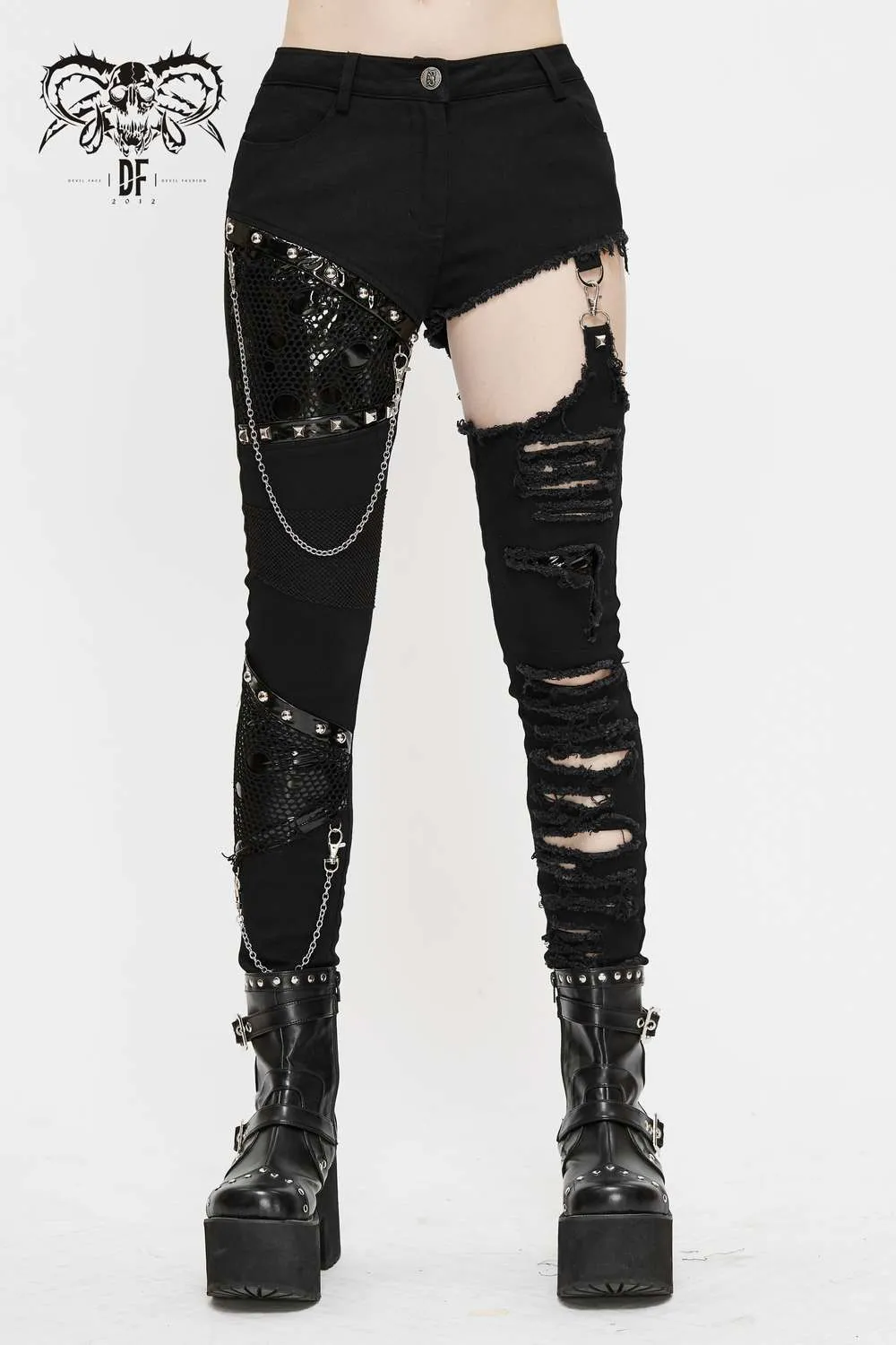 Devil Fashion - Asymmetrical punk jeans with cut-outs and chains PT121 | Dark Ages