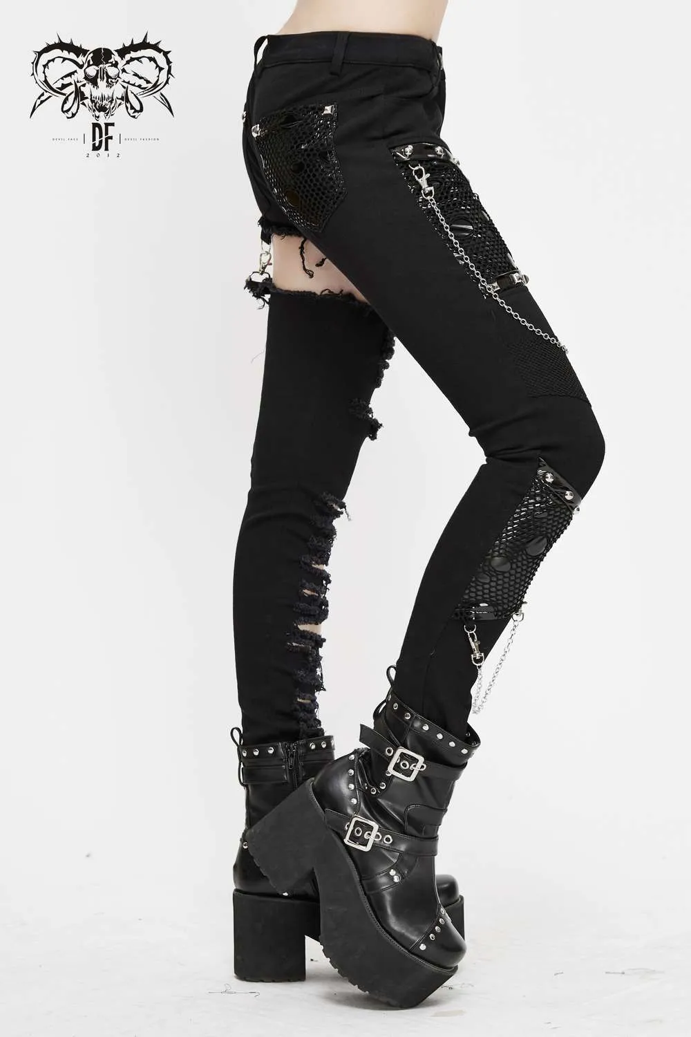 Devil Fashion - Asymmetrical punk jeans with cut-outs and chains PT121 | Dark Ages