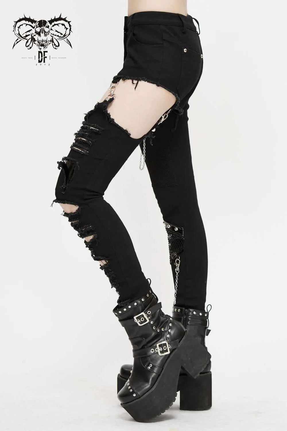 Devil Fashion - Asymmetrical punk jeans with cut-outs and chains PT121 | Dark Ages