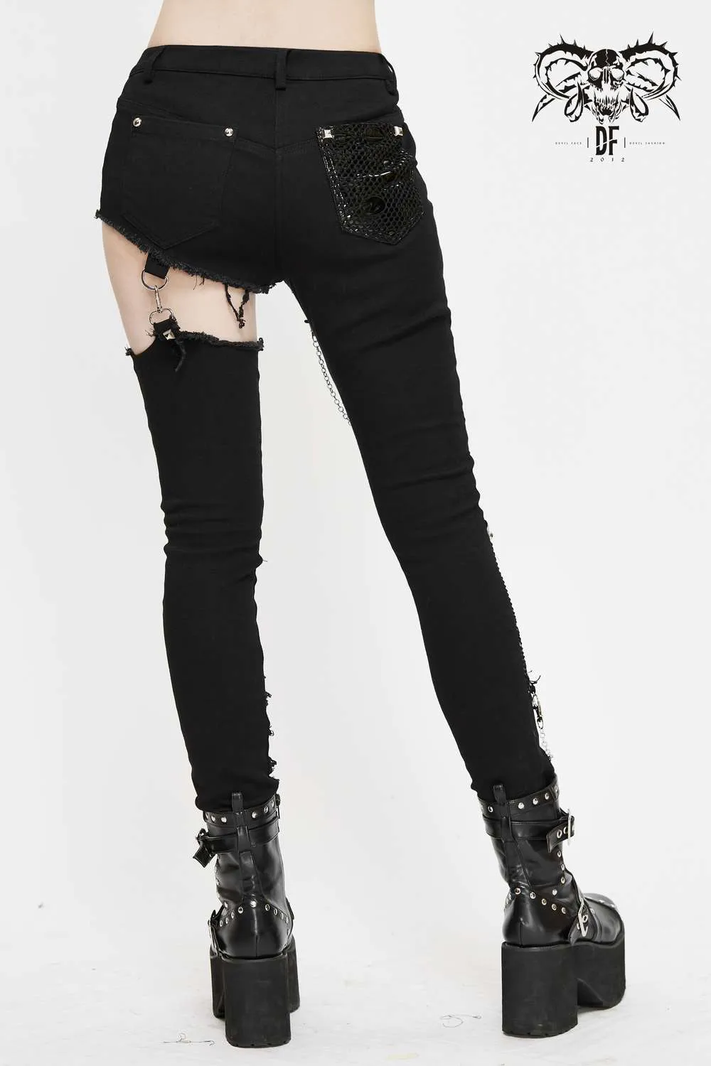 Devil Fashion - Asymmetrical punk jeans with cut-outs and chains PT121 | Dark Ages