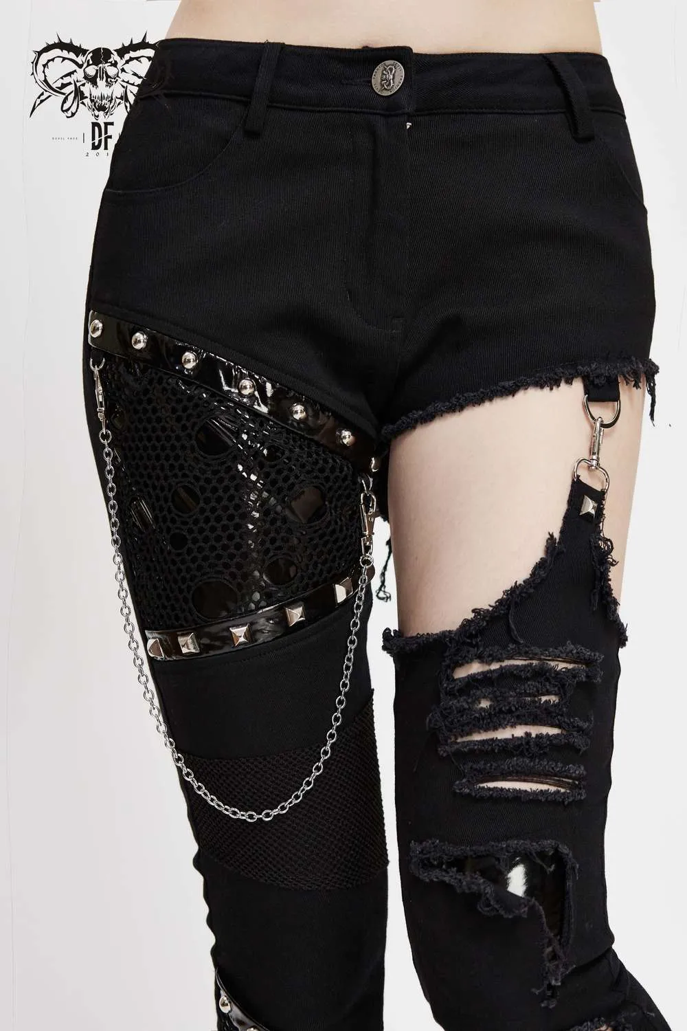 Devil Fashion - Asymmetrical punk jeans with cut-outs and chains PT121 | Dark Ages