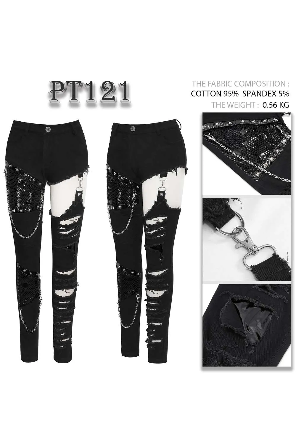 Devil Fashion - Asymmetrical punk jeans with cut-outs and chains PT121 | Dark Ages