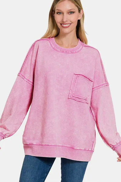 Exposed Seam Round Neck Dropped Shoulder Sweatshirt in Mauve