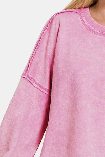 Exposed Seam Round Neck Dropped Shoulder Sweatshirt in Mauve