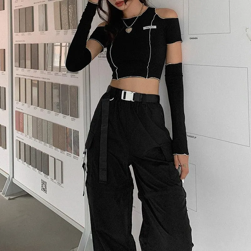 Gothic One Shoulder Sleeve Crop Top