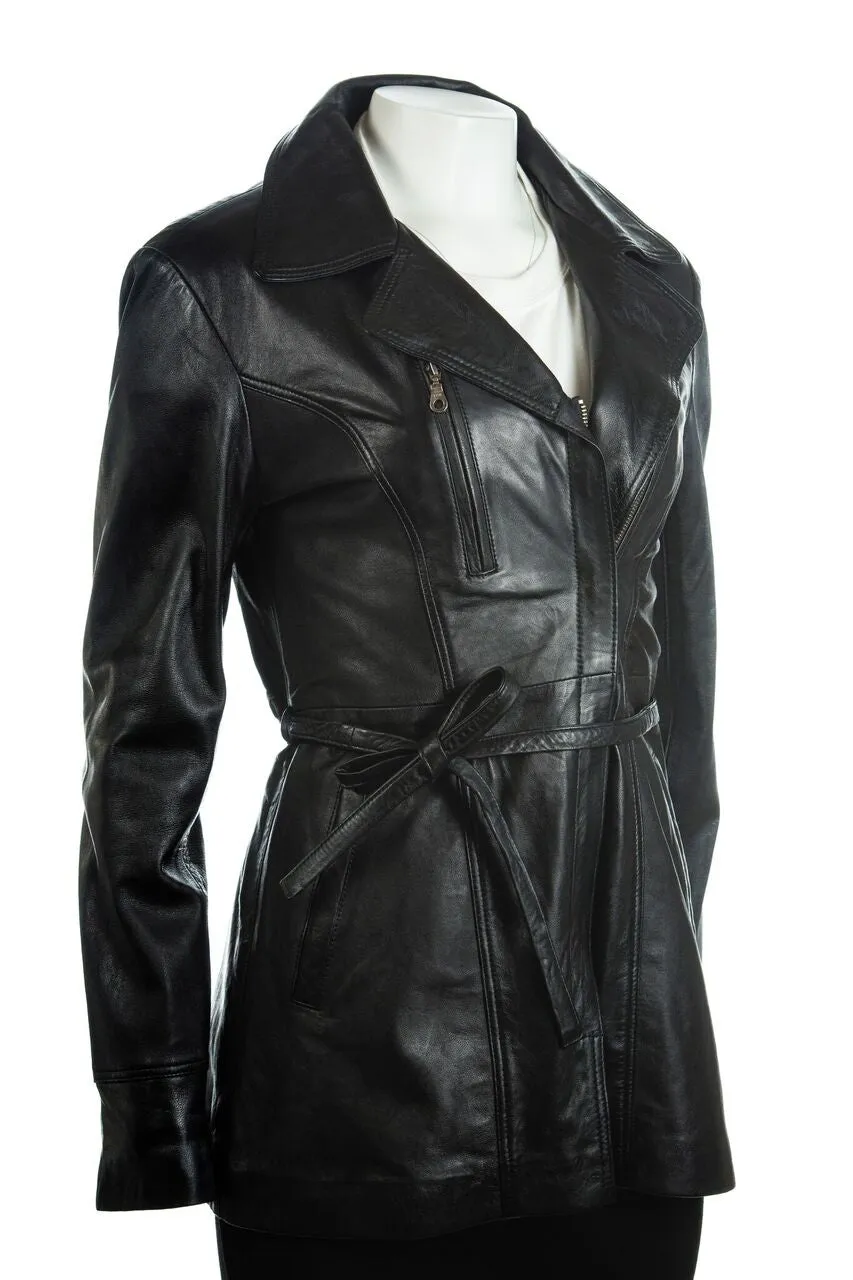 Ladies Black 3/4 Mid Length Zip Up Belted Leather Coat: Martina