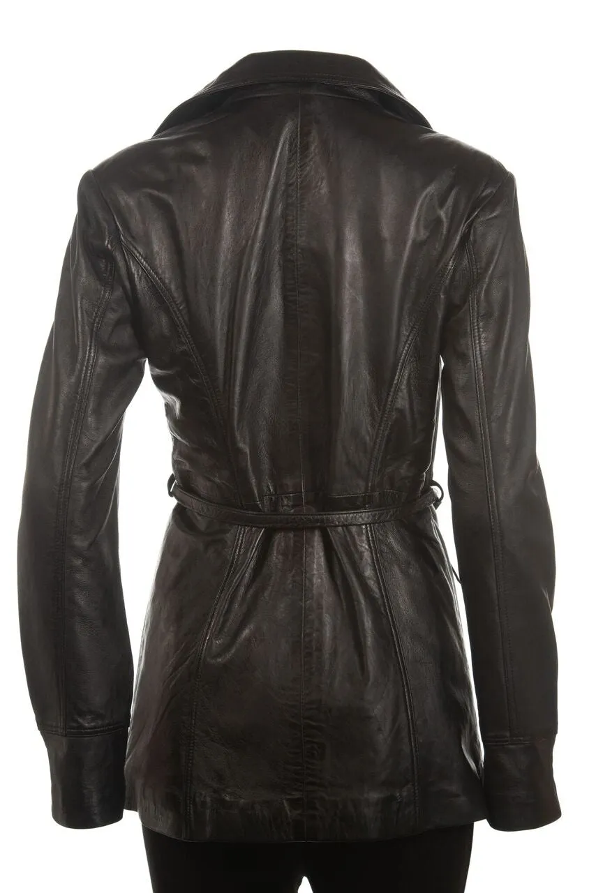 Ladies Black 3/4 Mid Length Zip Up Belted Leather Coat: Martina