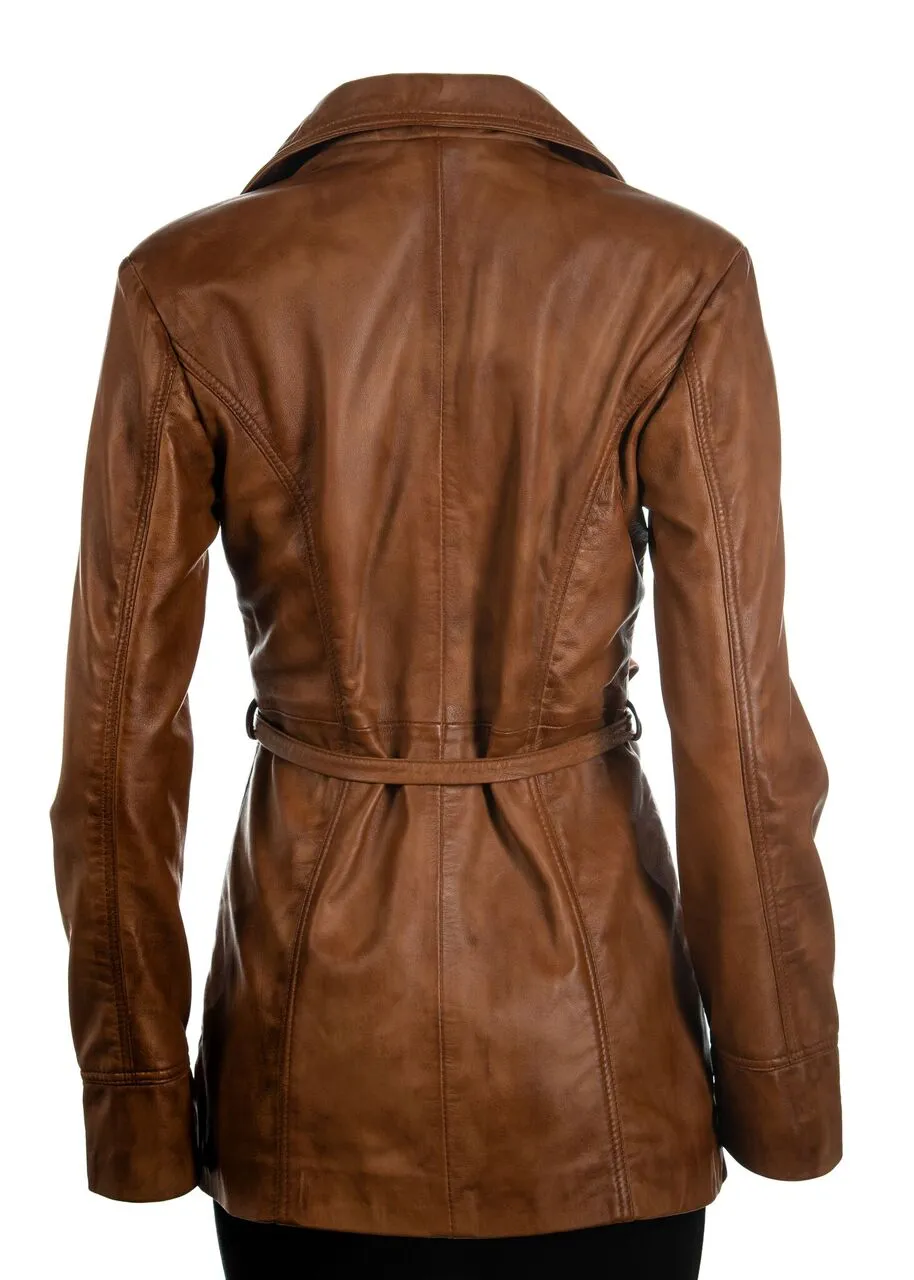 Ladies Black 3/4 Mid Length Zip Up Belted Leather Coat: Martina