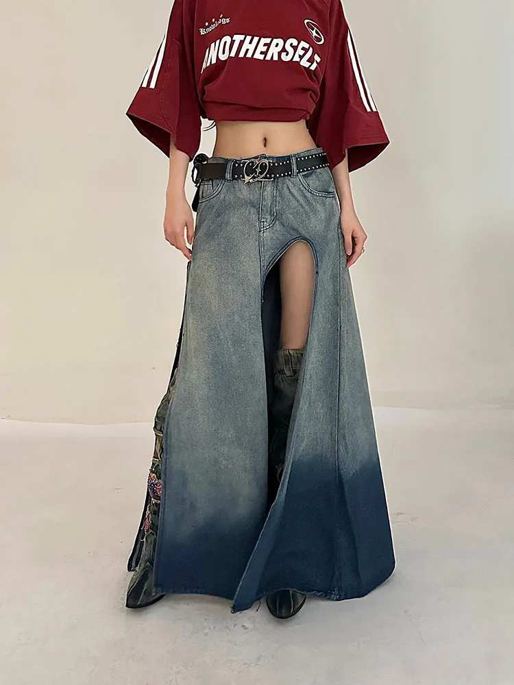 Lienna Denim Gradient Blue Low Waist Asymmetrical Cut-Out Side Slit Long Jeans Skirt