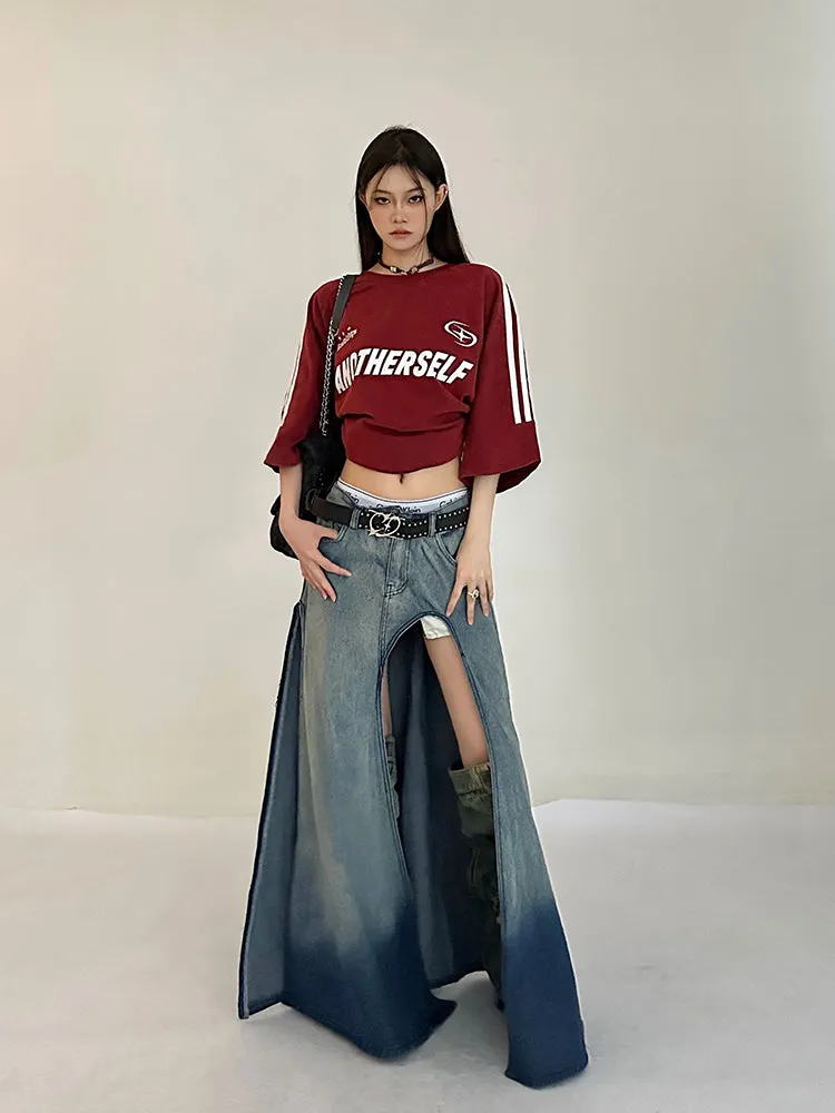 Lienna Denim Gradient Blue Low Waist Asymmetrical Cut-Out Side Slit Long Jeans Skirt