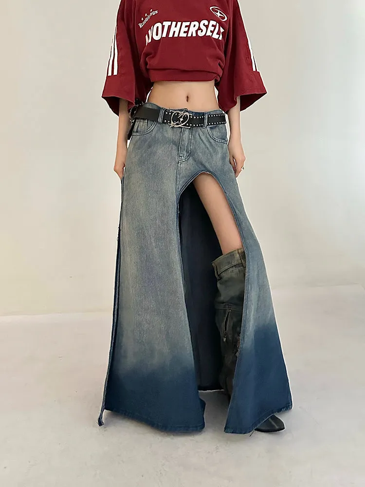 Lienna Denim Gradient Blue Low Waist Asymmetrical Cut-Out Side Slit Long Jeans Skirt