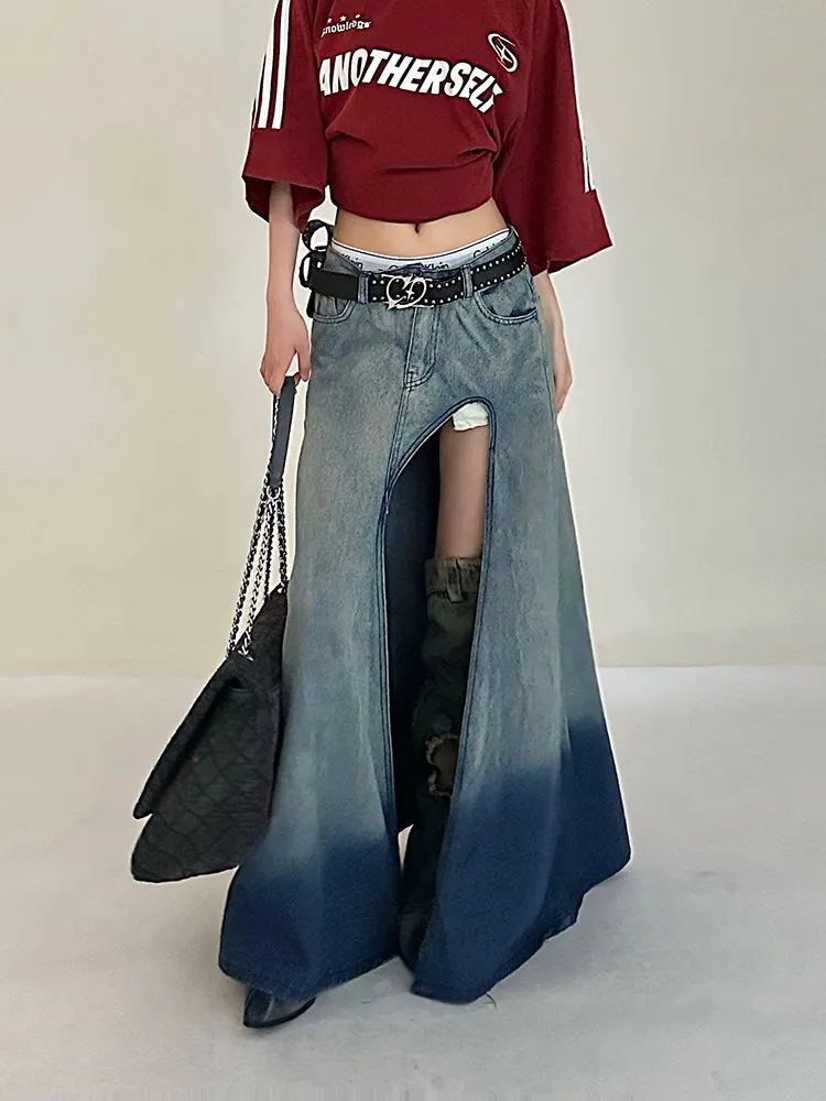 Lienna Denim Gradient Blue Low Waist Asymmetrical Cut-Out Side Slit Long Jeans Skirt