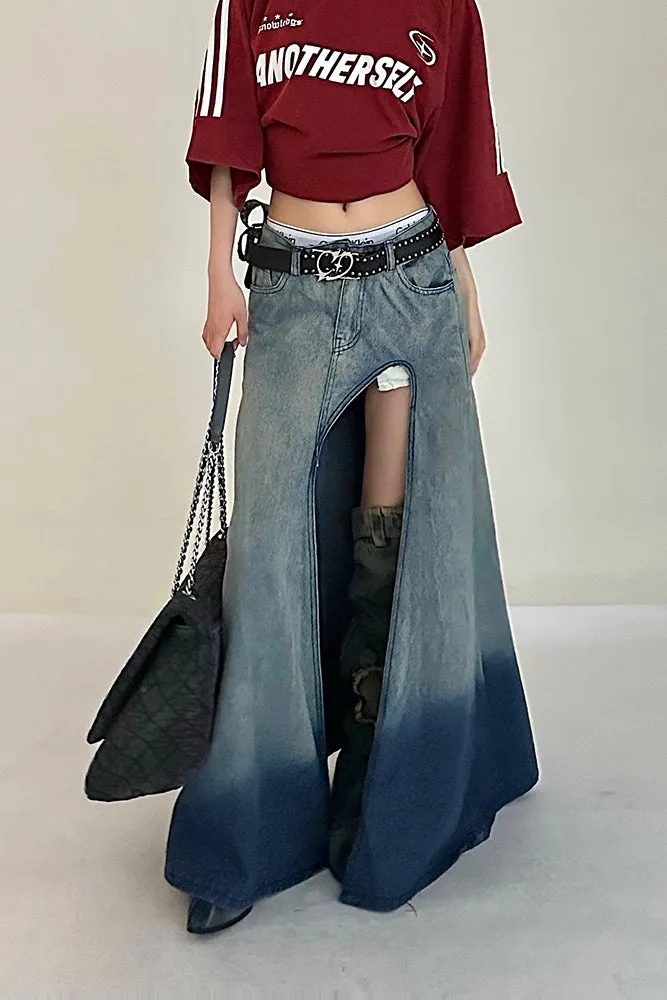 Lienna Denim Gradient Blue Low Waist Asymmetrical Cut-Out Side Slit Long Jeans Skirt