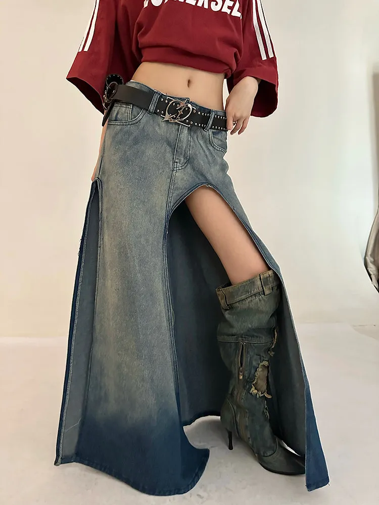 Lienna Denim Gradient Blue Low Waist Asymmetrical Cut-Out Side Slit Long Jeans Skirt