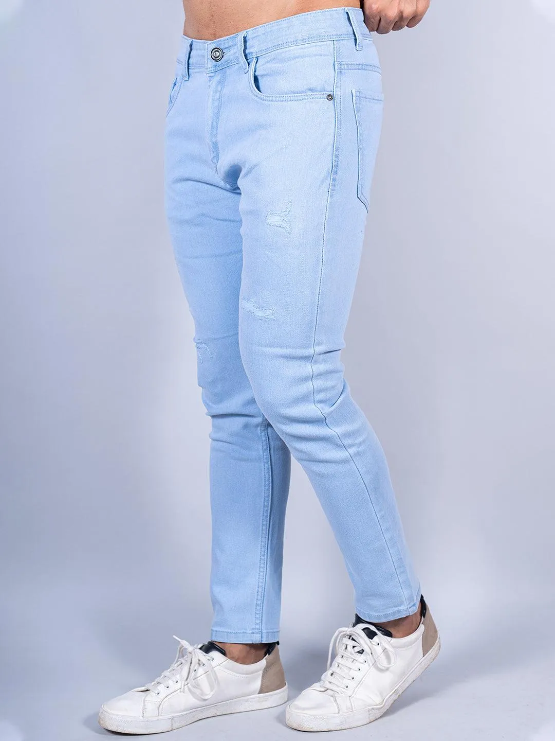 Light Blue Distressed Loose Ankle Mens Jeans