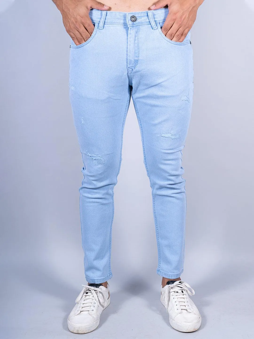 Light Blue Distressed Loose Ankle Mens Jeans