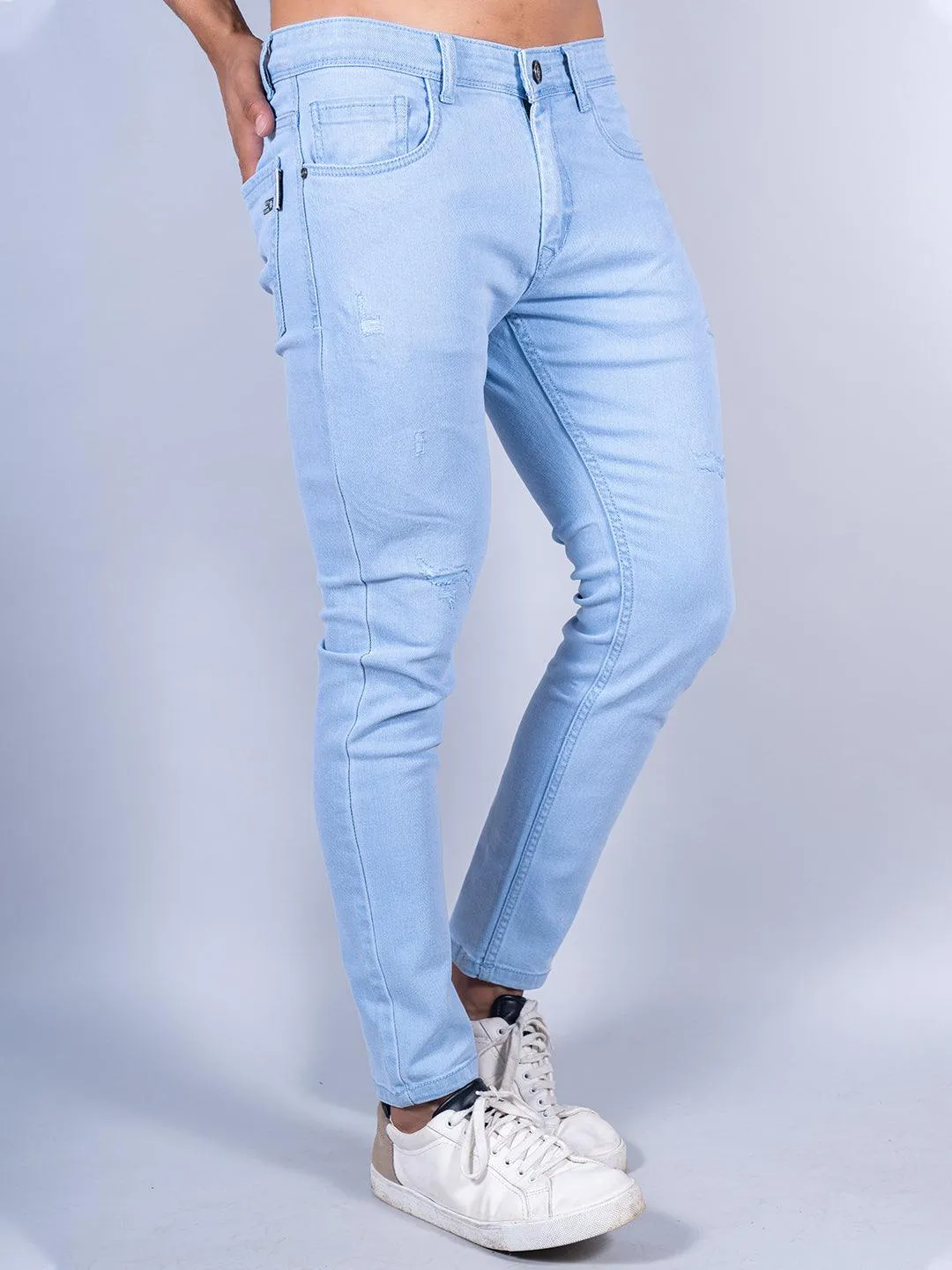 Light Blue Distressed Loose Ankle Mens Jeans