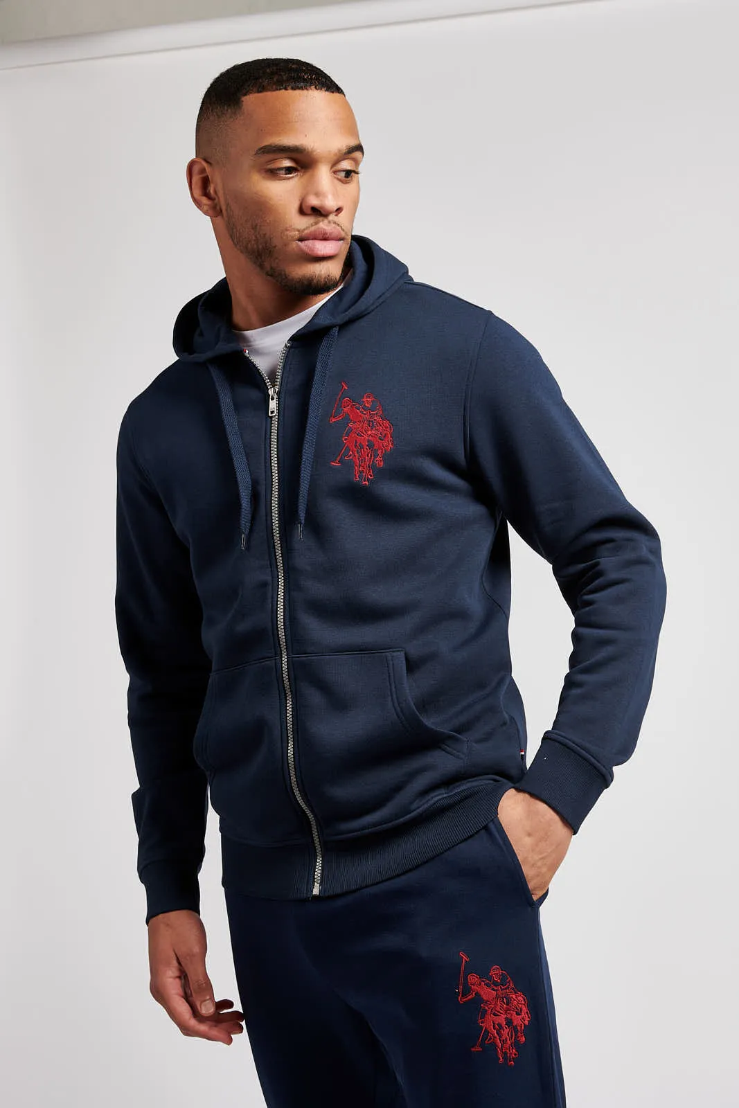 Mens Double Horsemen Zip-through Hoodie in Navy Blue