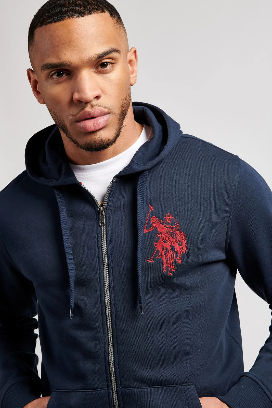 Mens Double Horsemen Zip-through Hoodie in Navy Blue