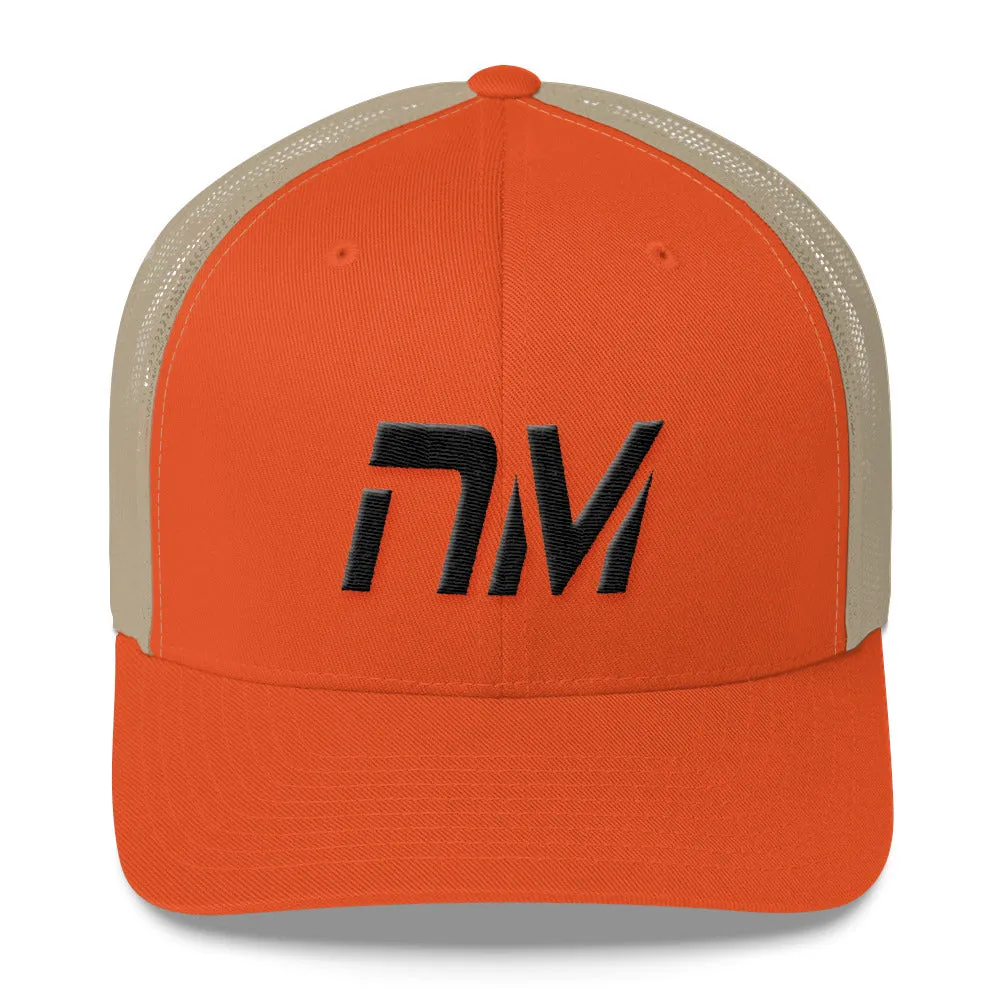 New Mexico - Mesh Back Trucker Cap - Black Embroidery - NM - Many Hat Color Options Available