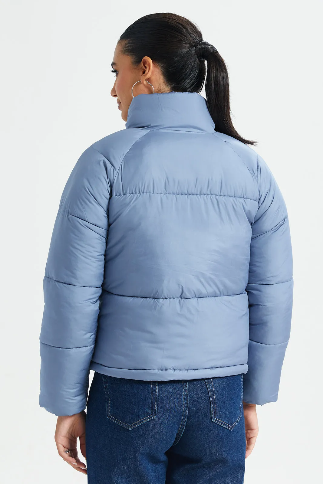 Pale Blue Zip Up Stand Collar Puffer Jacket