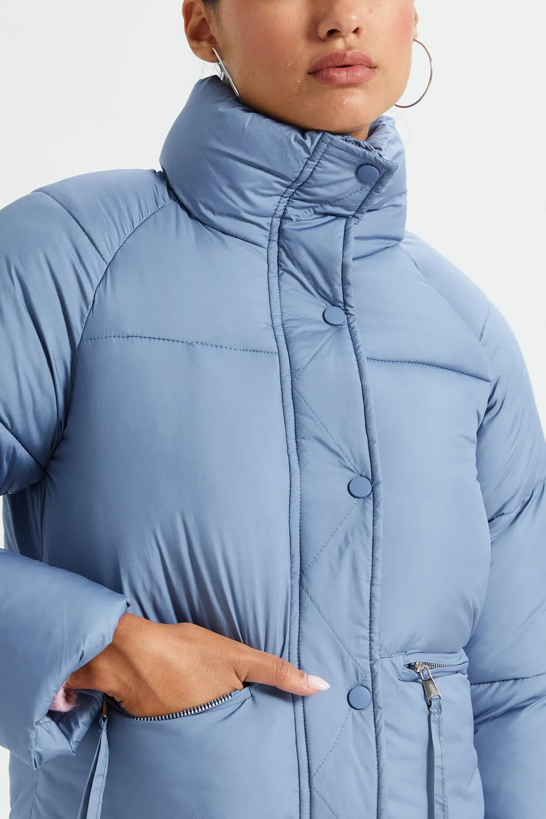 Pale Blue Zip Up Stand Collar Puffer Jacket