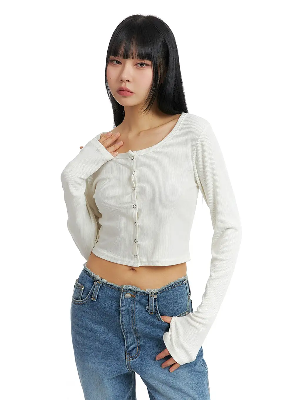 Round Neck Buttoned Long Sleeve Top IM414