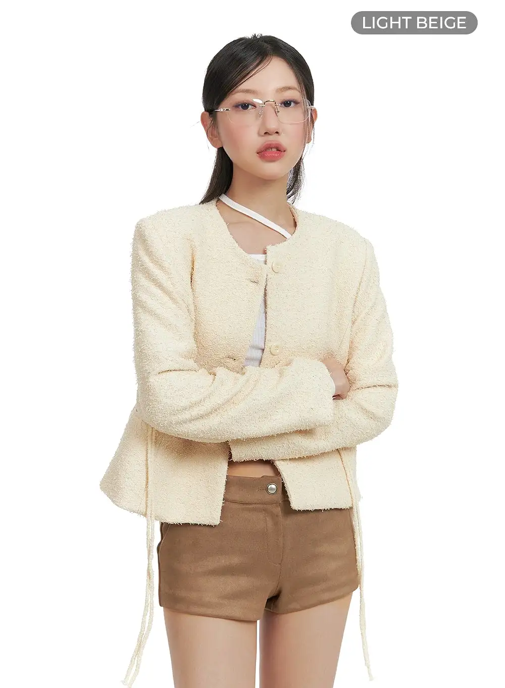 Round Neck Minimal Tweed Jacket CA409