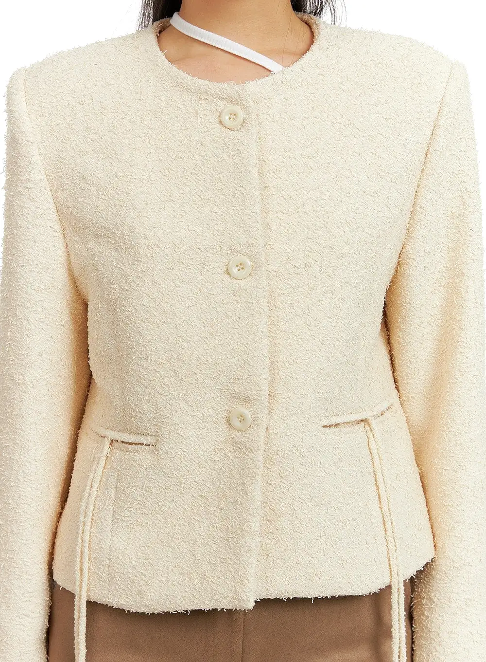 Round Neck Minimal Tweed Jacket CA409