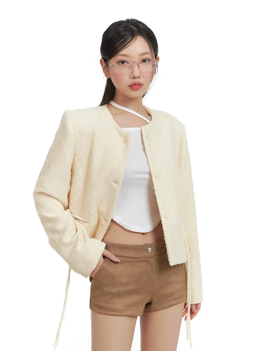 Round Neck Minimal Tweed Jacket CA409