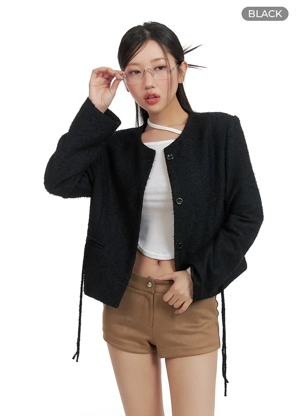 Round Neck Minimal Tweed Jacket CA409