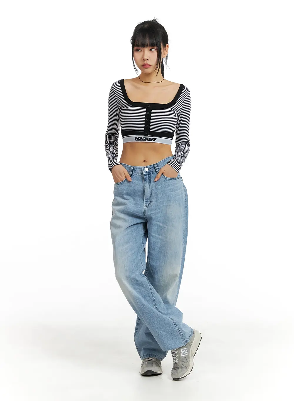 Round Neck Striped Long Sleeve Crop Top CM407